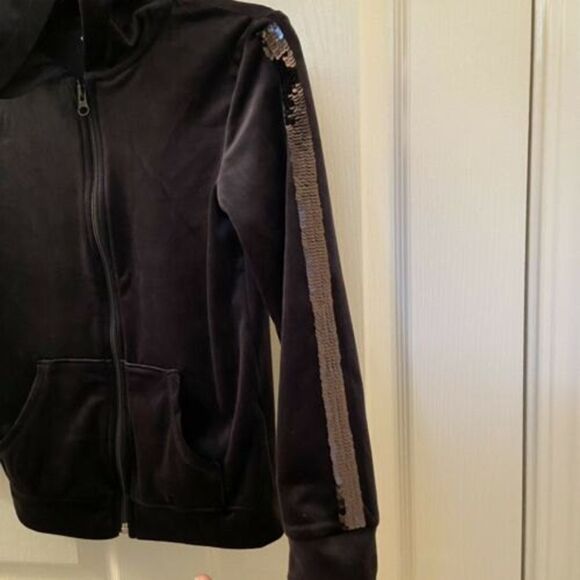 More Than Magic Black Velour Hoodie Jacket Sequin Stripe Girls Small 6-6X NWT - Picture 5 of 8